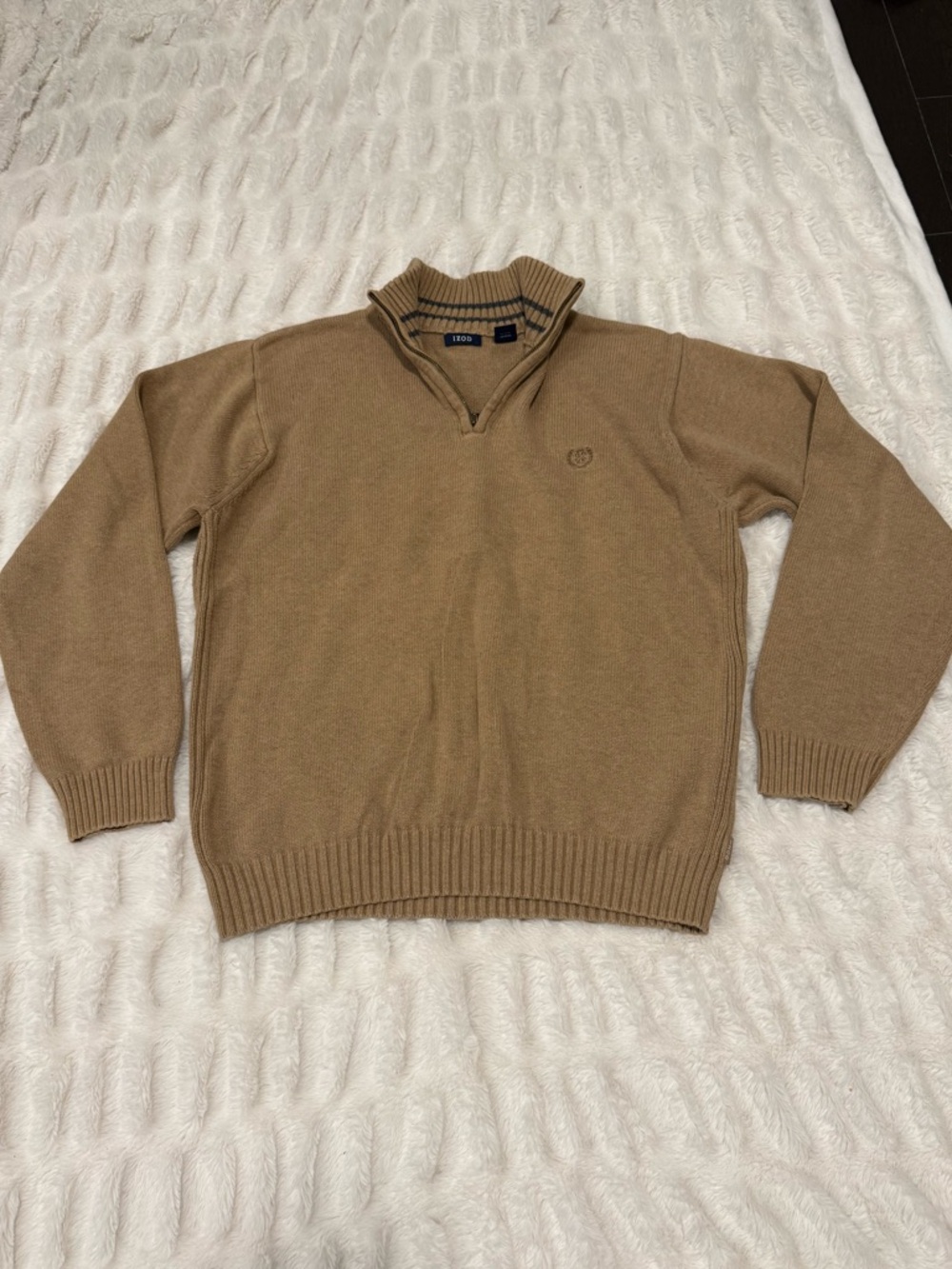 IZOD Men's Camel V-Neck Pullover Quarter Zip 100% Cotton Sweater